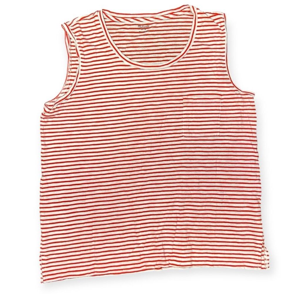MADEWELL Women’s White Orange Striped Sleeveless Whisper Cotton Pocket Tank Size
